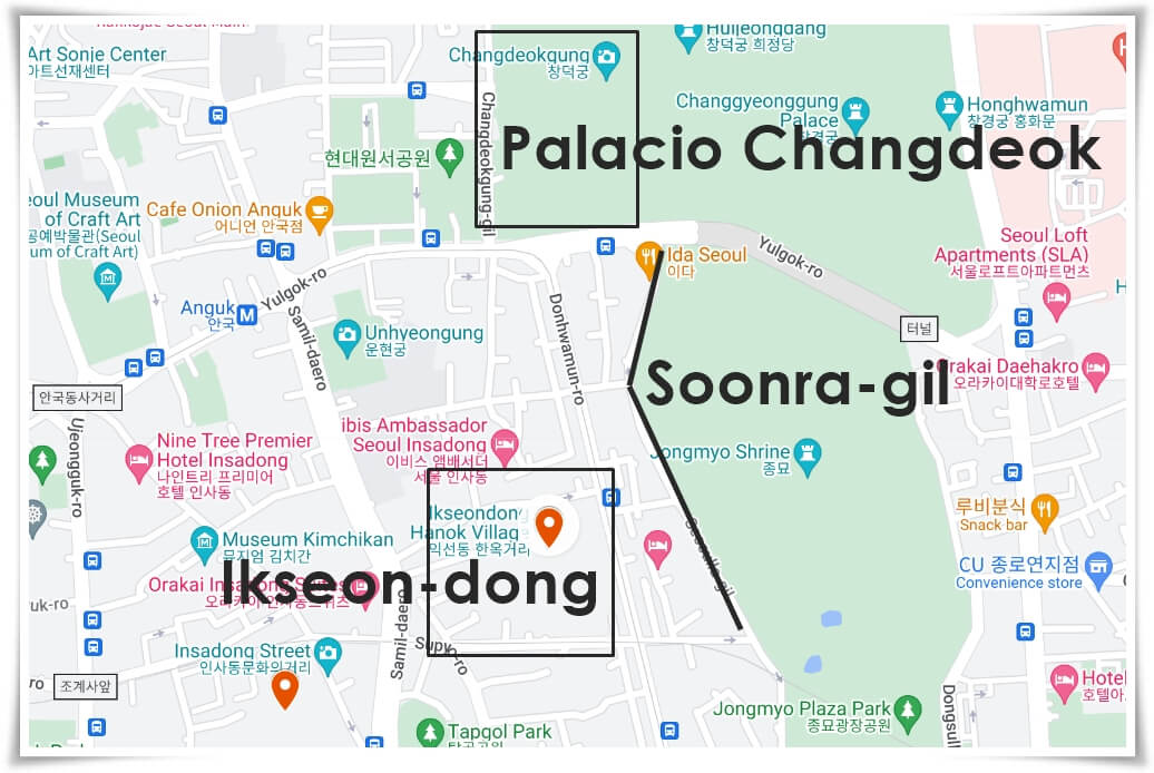 Ubicación de Ikseon-dong, Soonra-gil hasta el palacio Changdeok-gung