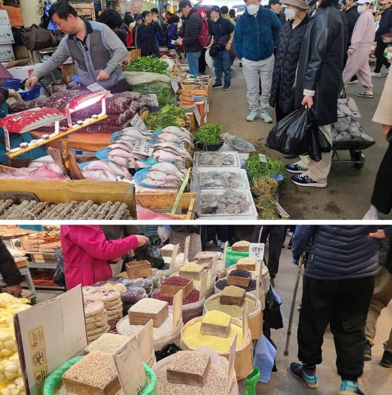 Mercado donde coreanos compran materiales y ingredientes frescos de comida