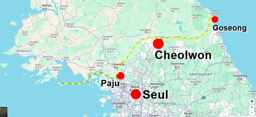 La ubicación de Cheowon DMZ desde Seúl